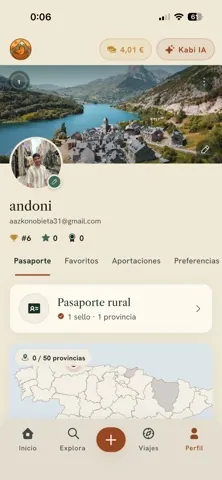 Pantalla de exploración de destinos en la app Kabi