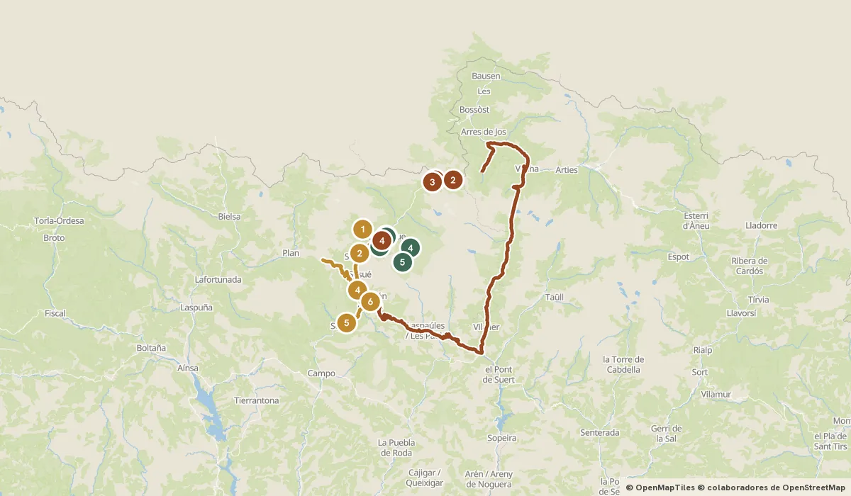 Mapa del viaje Benasque y el valle del Ésera: bajo el Aneto: 16 paradas y el recorrido de cada día