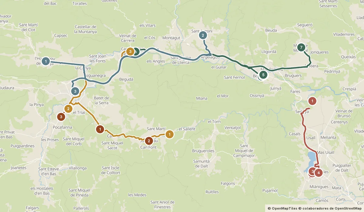 Mapa del viaje Besalú y los volcanes de La Garrotxa: 20 paradas y el recorrido de cada día