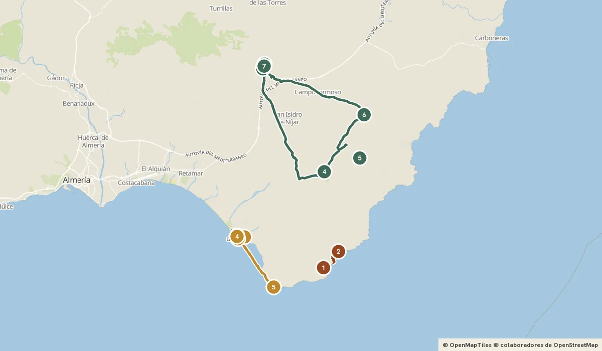 Mapa del viaje Cabo de Gata: volcanes, salinas y desierto: 14 paradas y el recorrido de cada día