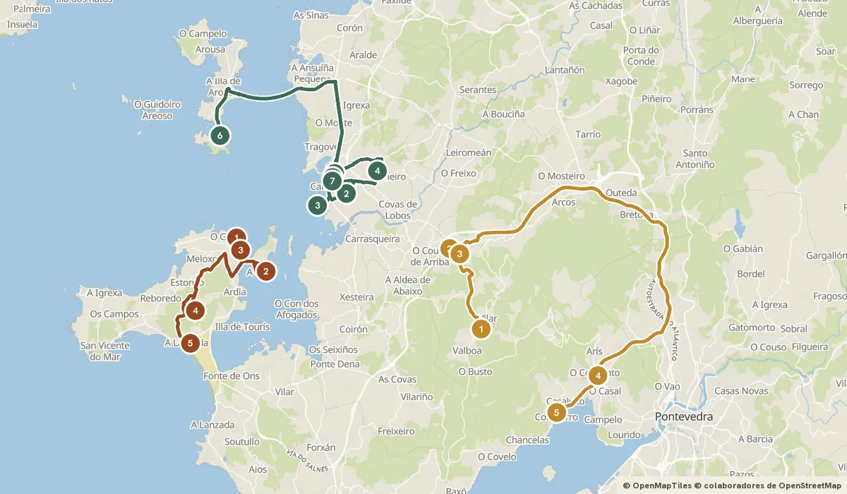 Mapa del viaje Cambados y las Rías Baixas: 17 paradas y el recorrido de cada día