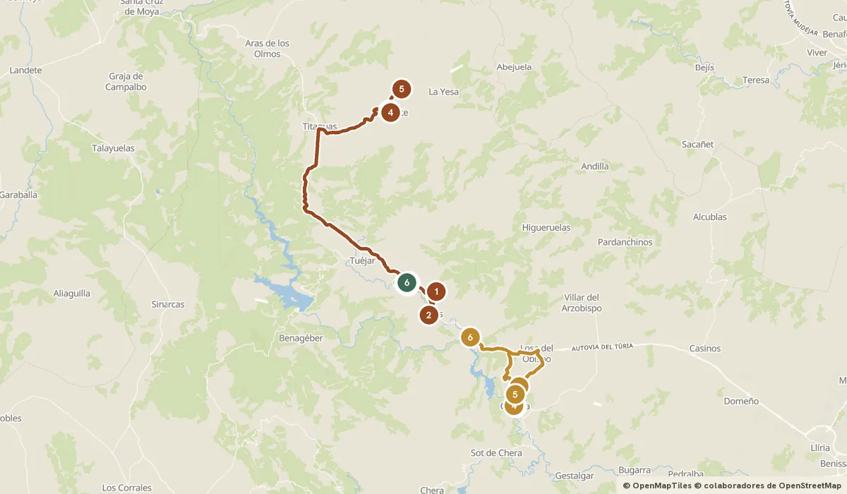 Mapa del viaje Chelva y la serranía: acueductos romanos y pueblos colgados: 17 paradas y el recorrido de cada día