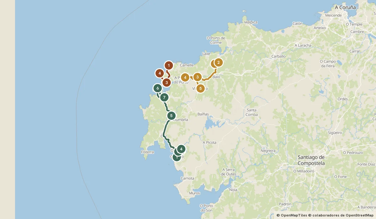 Mapa del viaje Costa da Morte: Ézaro, faros y dólmenes: 16 paradas y el recorrido de cada día