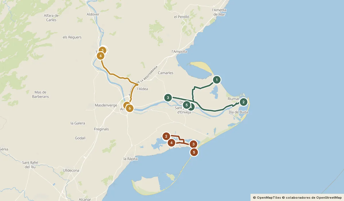Mapa del viaje Delta del Ebro: arrozales, flamencos y una barra de arena: 16 paradas y el recorrido de cada día