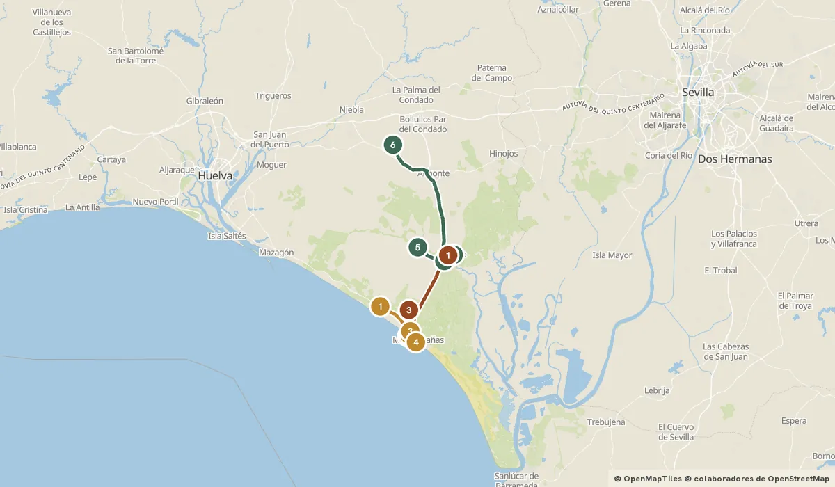 Mapa del viaje Doñana y El Rocío: marisma, arena y caballos: 14 paradas y el recorrido de cada día
