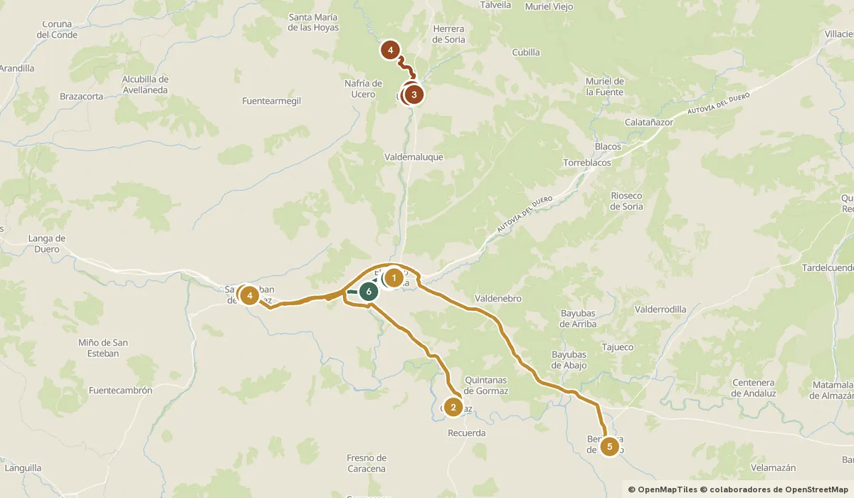 Mapa del viaje El Burgo de Osma y la frontera del Duero: 16 paradas y el recorrido de cada día