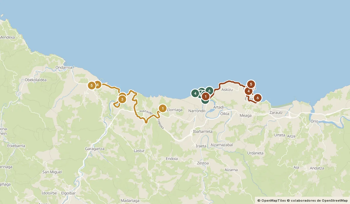 Mapa del viaje El flysch de Zumaia: sesenta millones de años en la roca: 18 paradas y el recorrido de cada día