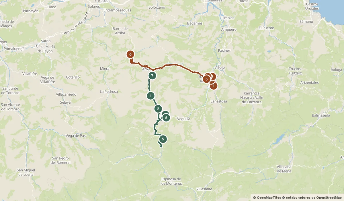 Mapa del viaje El valle del Asón: cascadas, puertos y pasiegos: 13 paradas y el recorrido de cada día