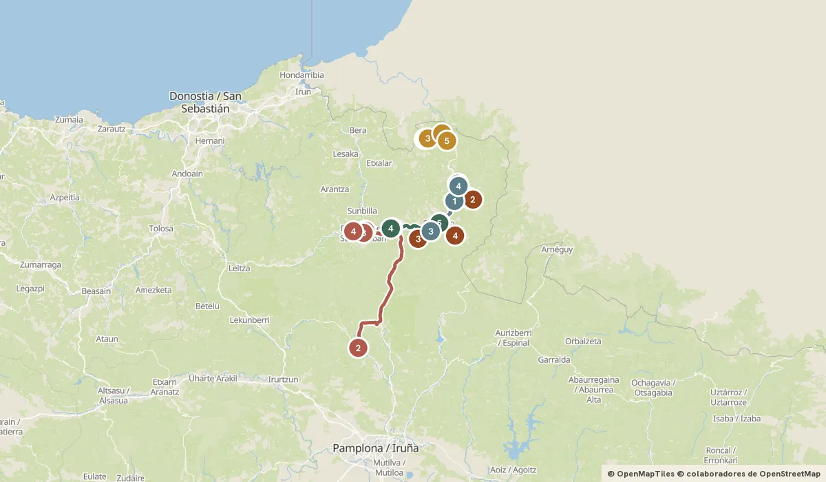 Mapa del viaje Escapada a Baztán: 22 paradas y el recorrido de cada día