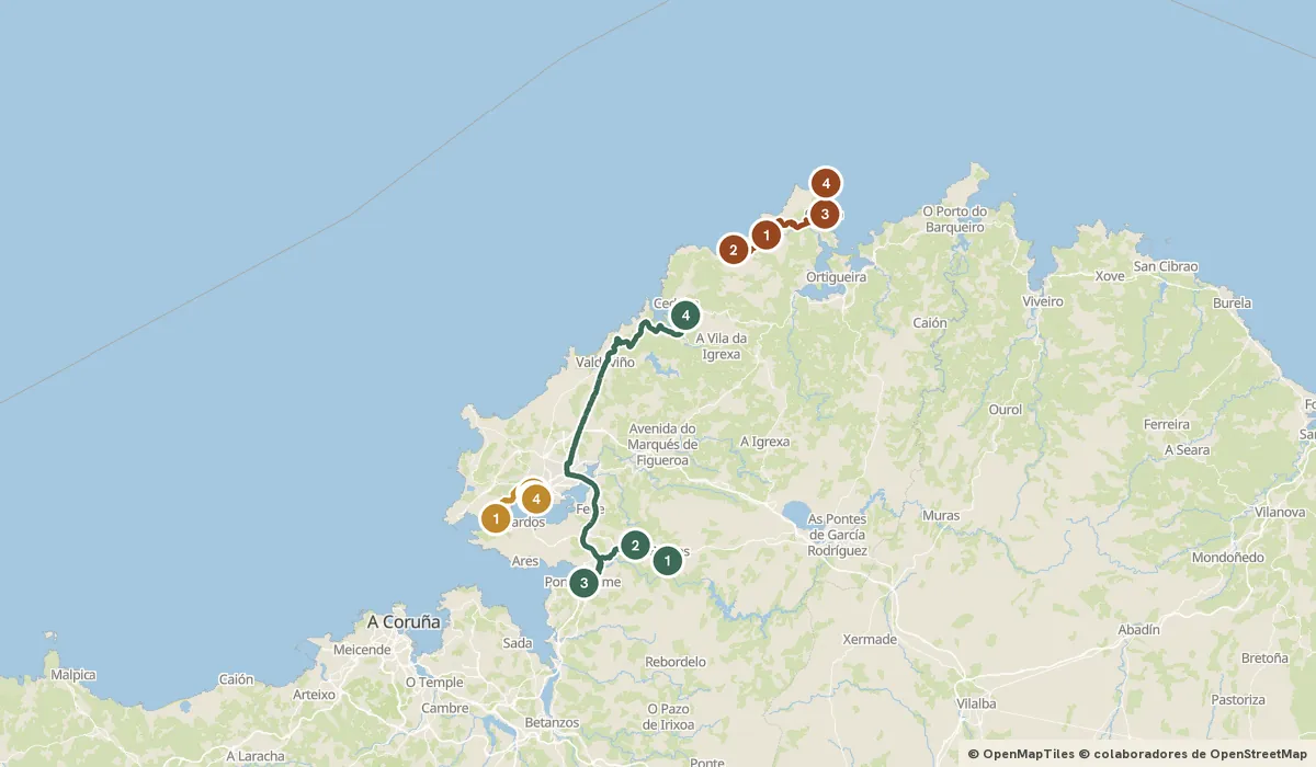 Mapa del viaje Fragas do Eume y cabo Ortegal: bosque atlántico y acantilados: 12 paradas y el recorrido de cada día
