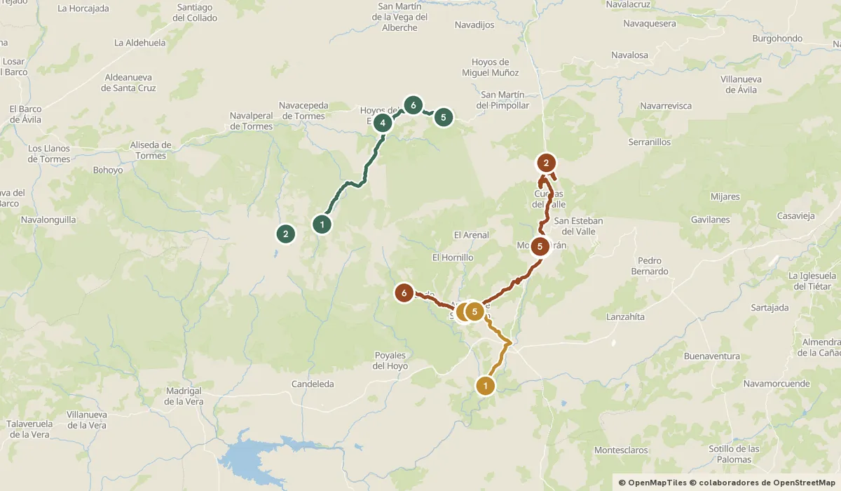 Mapa del viaje Gredos: el circo glaciar y los pueblos del Tiétar: 17 paradas y el recorrido de cada día