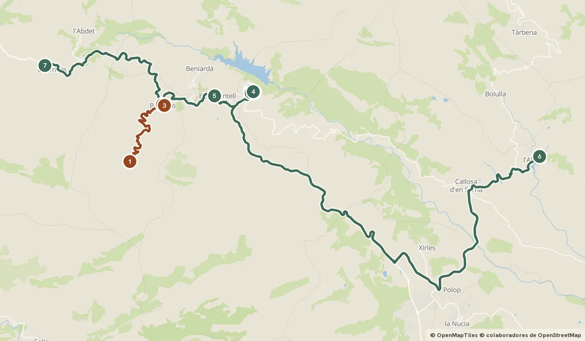 Mapa del viaje Guadalest y la sierra de Aitana: cuevas y castillos: 10 paradas y el recorrido de cada día