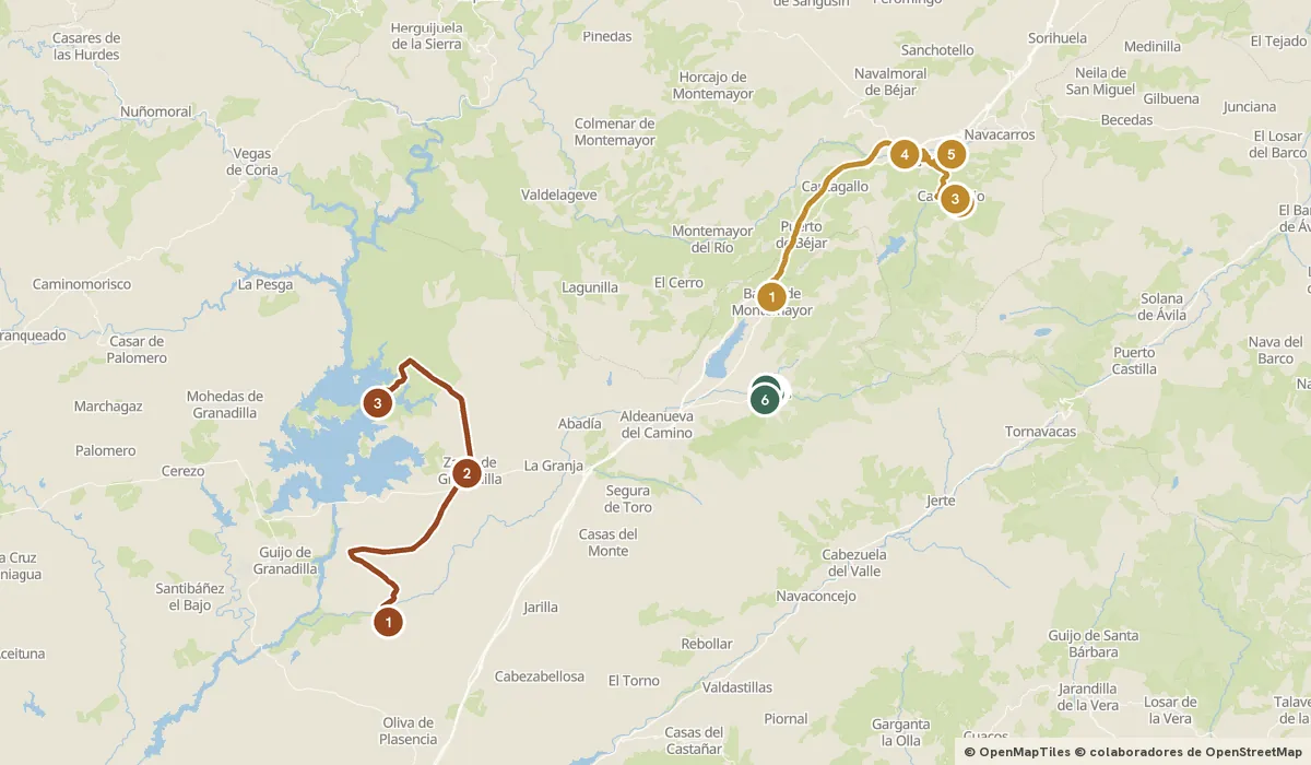 Mapa del viaje Hervás y el valle del Ambroz: juderías y castañares: 14 paradas y el recorrido de cada día