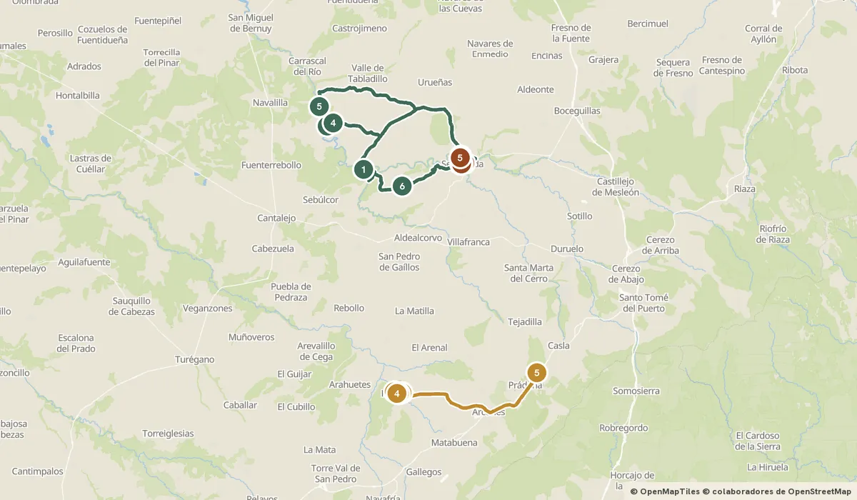 Mapa del viaje Hoces del Duratón, Sepúlveda y Pedraza: 16 paradas y el recorrido de cada día