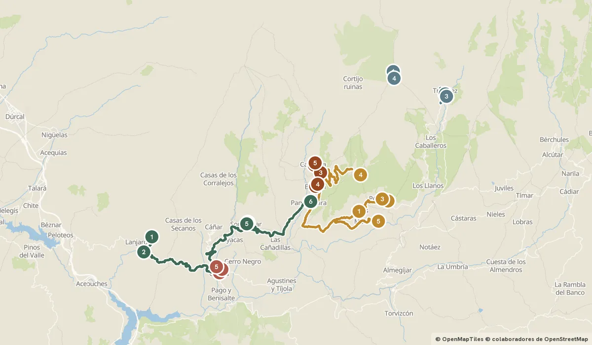 Mapa del viaje La Alpujarra: pueblos colgados de Sierra Nevada: 25 paradas y el recorrido de cada día