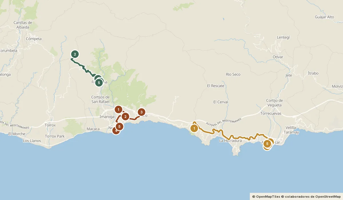 Mapa del viaje La Axarquía: Frigiliana, la cueva de Nerja y los acantilados: 15 paradas y el recorrido de cada día