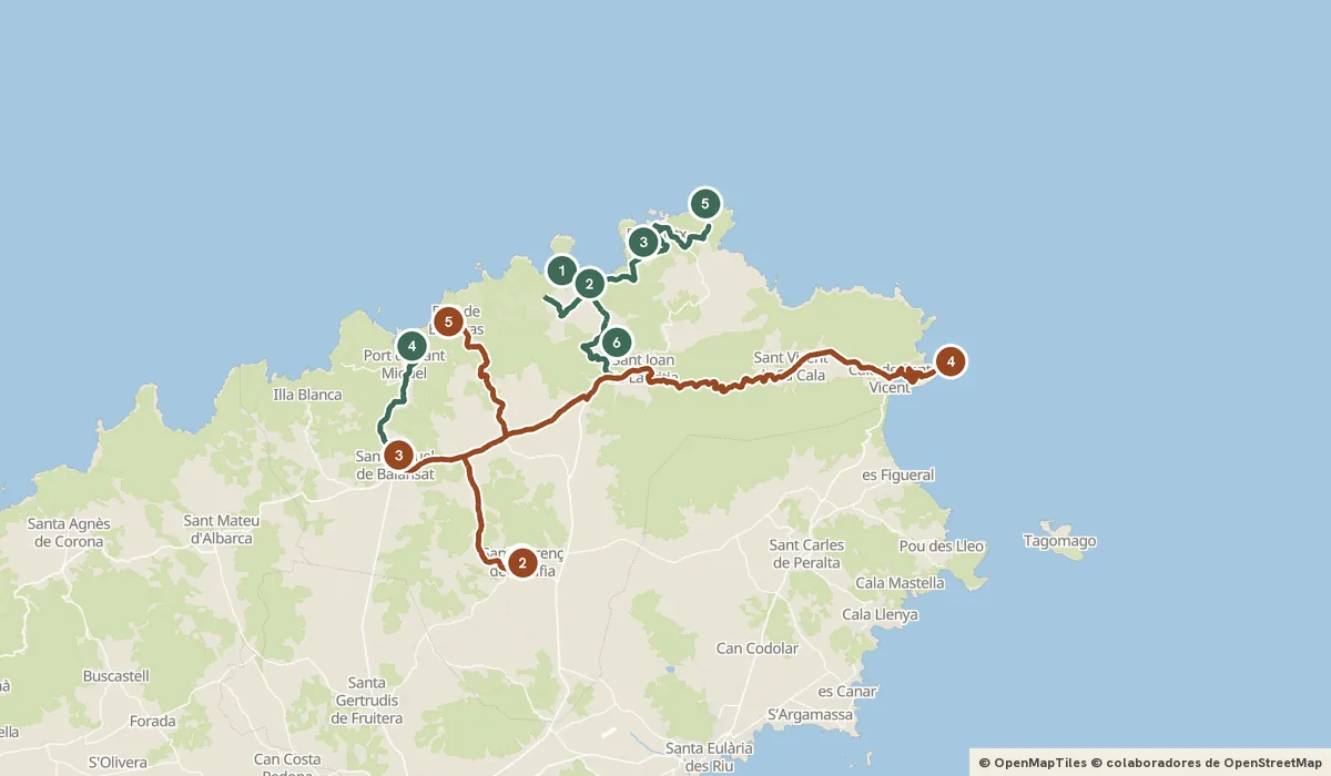 Mapa del viaje La Ibiza que no sale en las fotos: el norte: 11 paradas y el recorrido de cada día