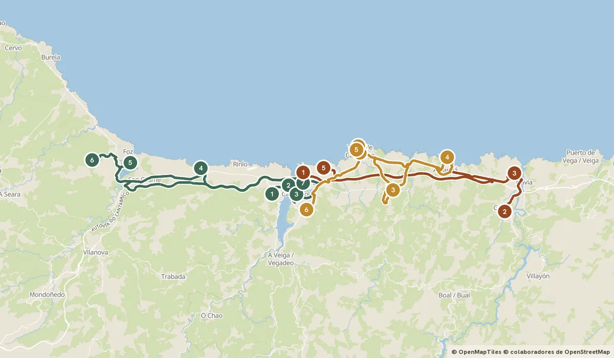 Mapa del viaje La ría del Eo: entre Asturias y Galicia: 18 paradas y el recorrido de cada día