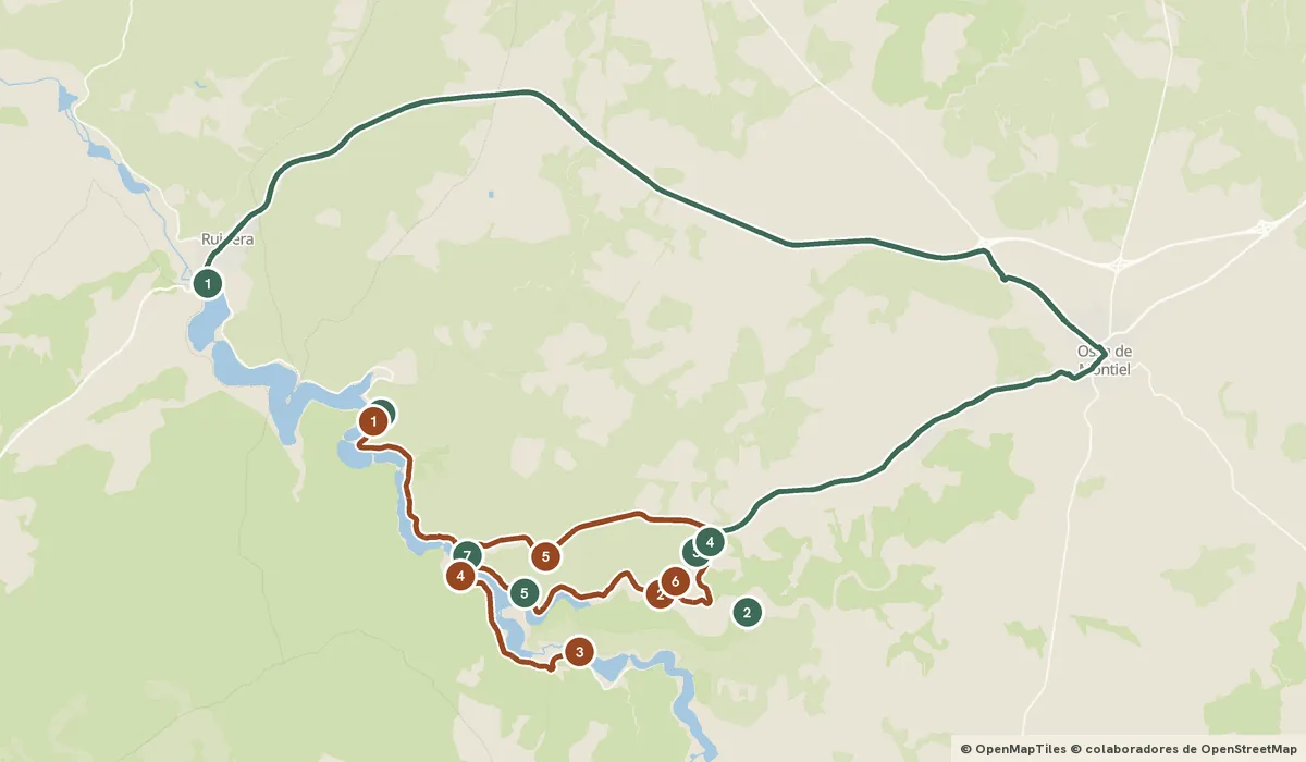 Mapa del viaje Lagunas de Ruidera: quince lagunas encadenadas en La Mancha: 13 paradas y el recorrido de cada día