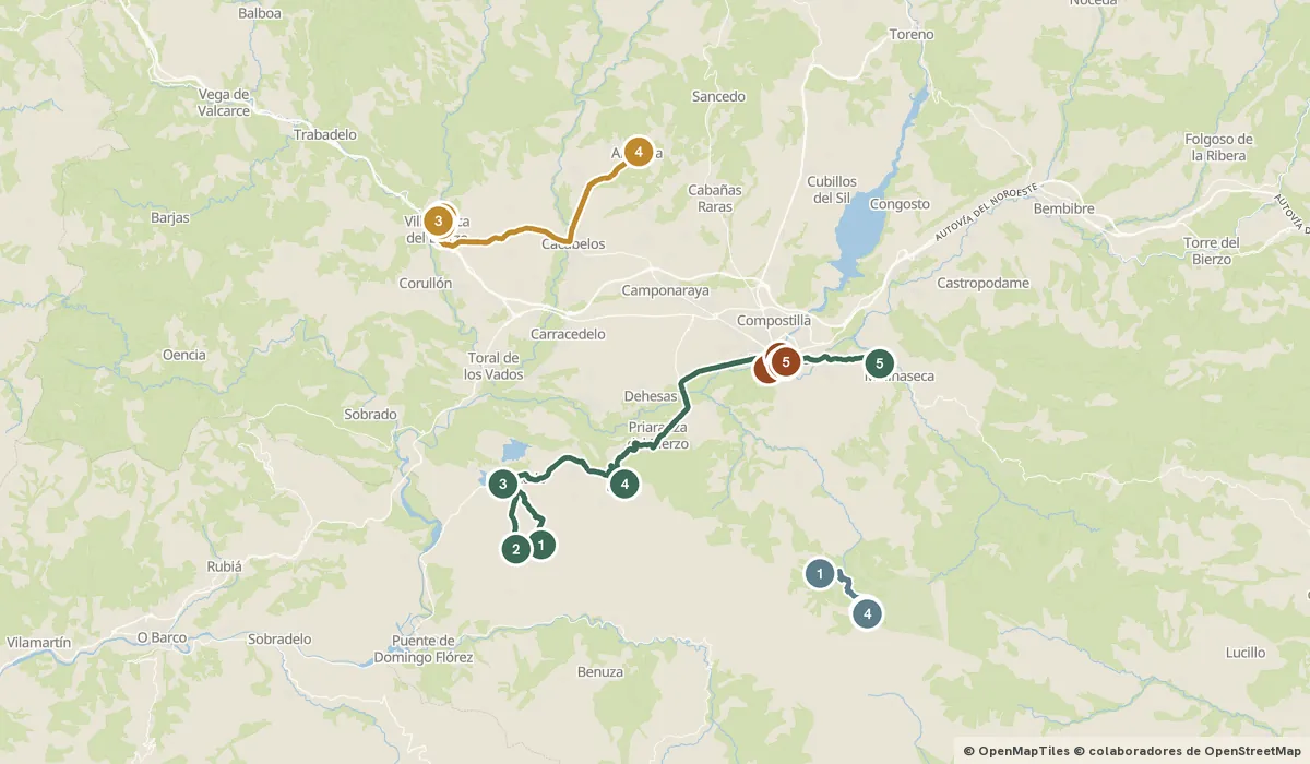 Mapa del viaje Las Médulas y El Bierzo: oro romano, templarios y Mencía: 18 paradas y el recorrido de cada día