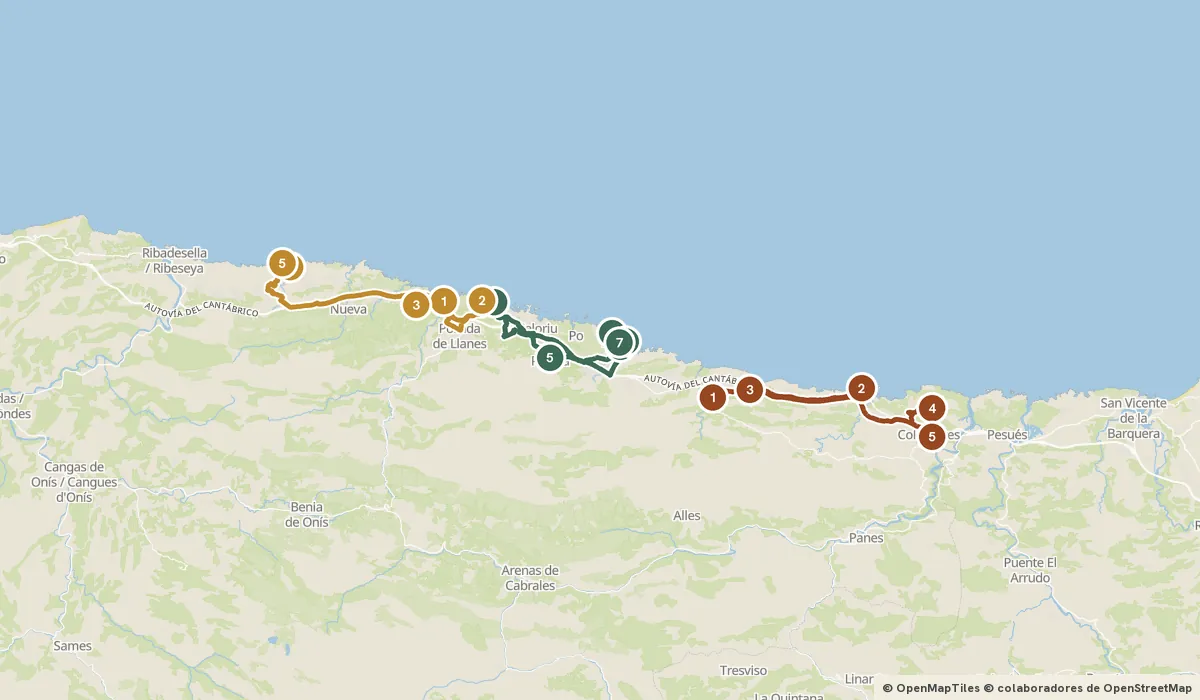 Mapa del viaje Llanes y los bufones de la costa oriental: 17 paradas y el recorrido de cada día