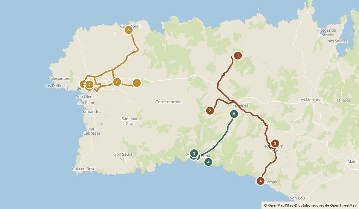 Mapa del viaje Menorca interior: canteras, calas y el Camí de Cavalls: 15 paradas y el recorrido de cada día