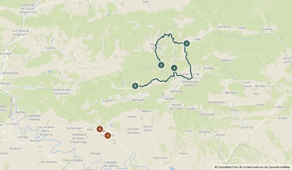 Mapa del viaje Montaña Alavesa: el robledal de Izki y la Rioja Alavesa: 10 paradas y el recorrido de cada día