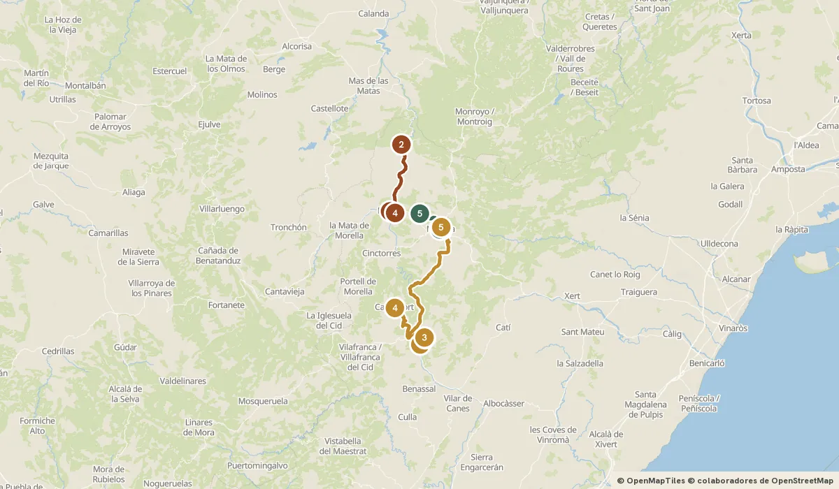 Mapa del viaje Morella y Els Ports: piedra, trufa y silencio: 15 paradas y el recorrido de cada día
