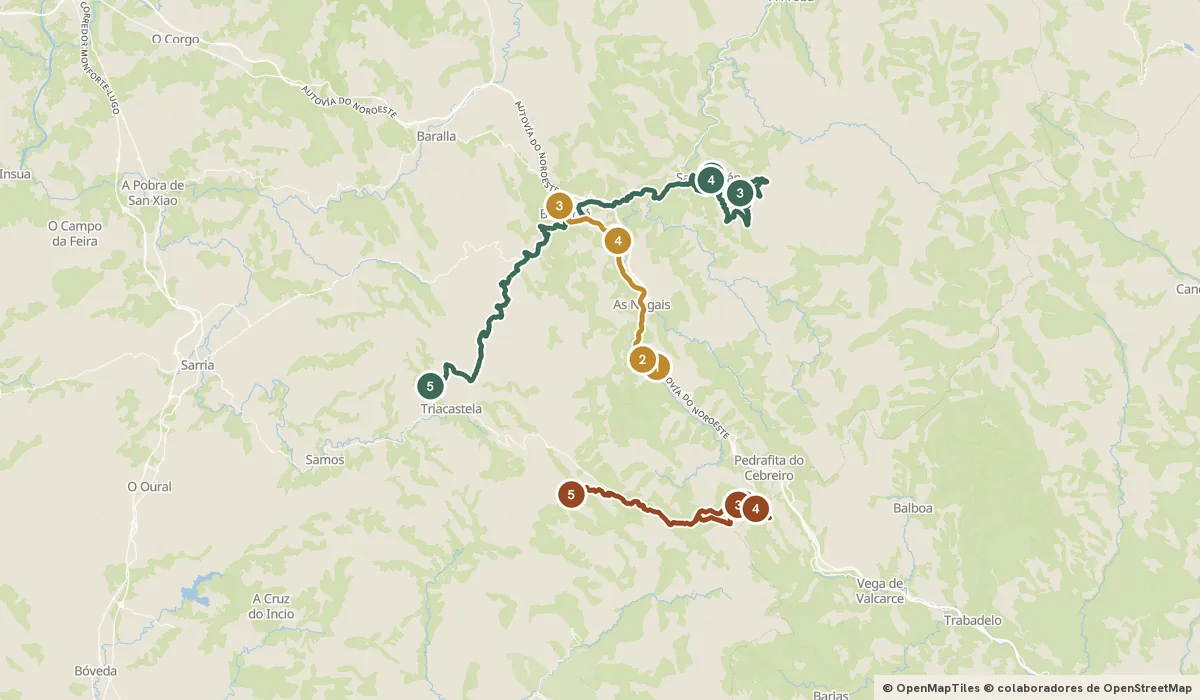Mapa del viaje Os Ancares: la Galicia de la montaña: 14 paradas y el recorrido de cada día