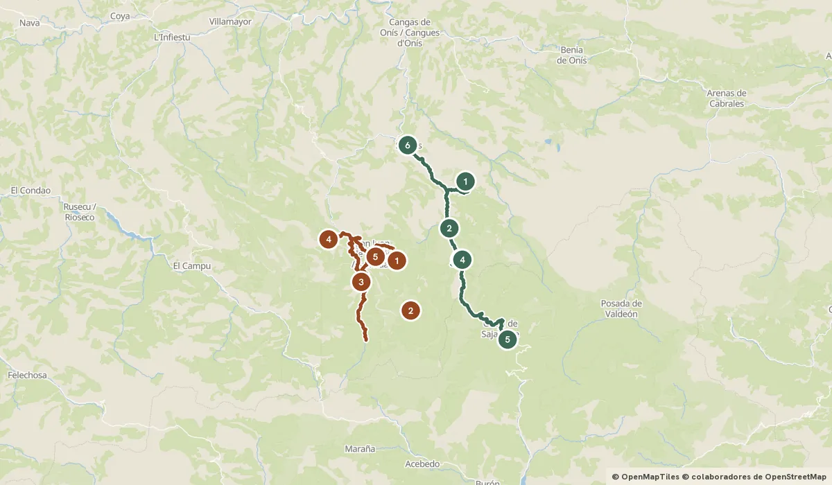 Mapa del viaje Ponga y los Beyos: el desfiladero más estrecho: 11 paradas y el recorrido de cada día
