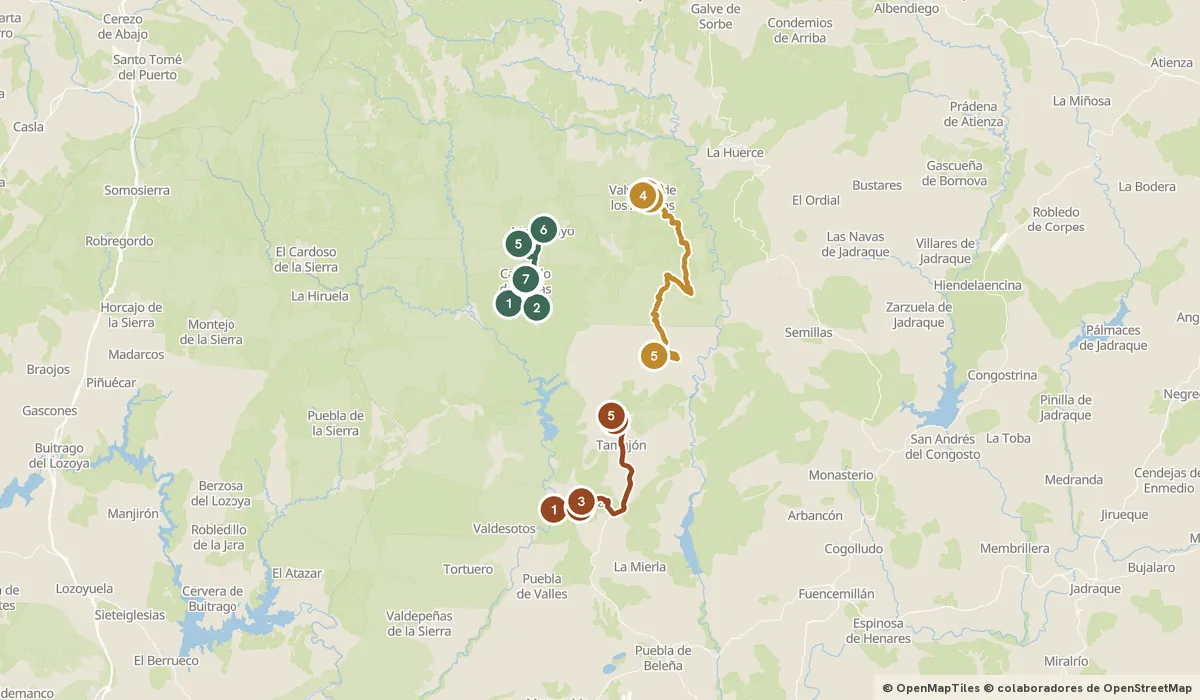 Mapa del viaje Pueblos Negros de Guadalajara: pizarra y cascadas: 17 paradas y el recorrido de cada día