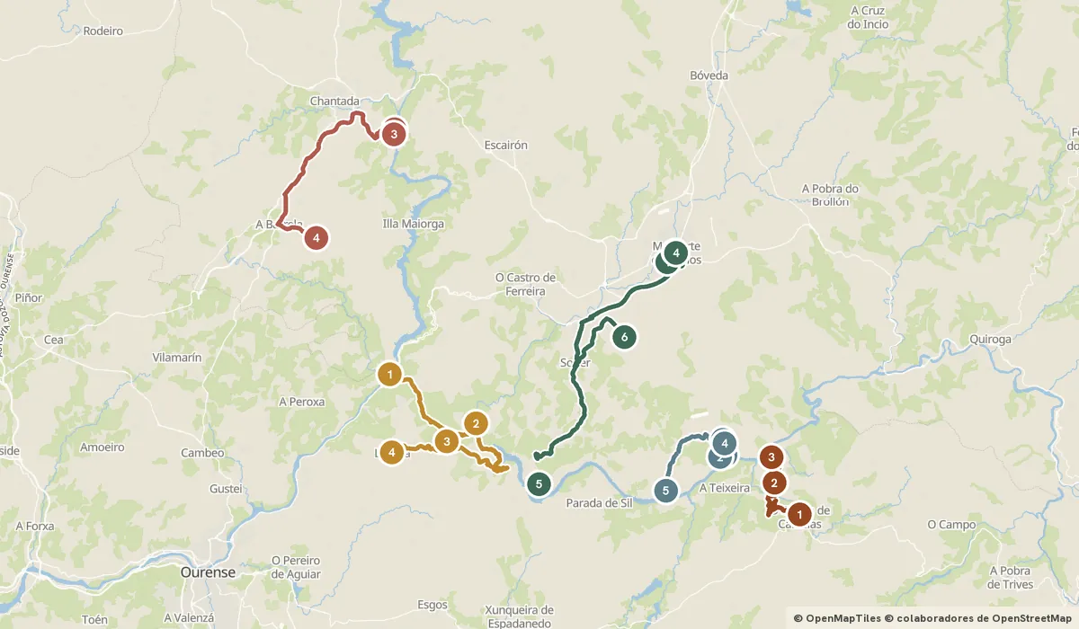 Mapa del viaje Ribeira Sacra: cañones, monasterios y viñedos heroicos: 22 paradas y el recorrido de cada día