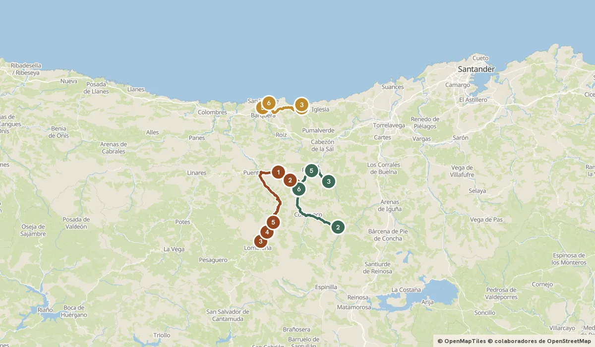 Mapa del viaje Saja-Nansa: de Bárcena Mayor a la costa de Comillas: 17 paradas y el recorrido de cada día