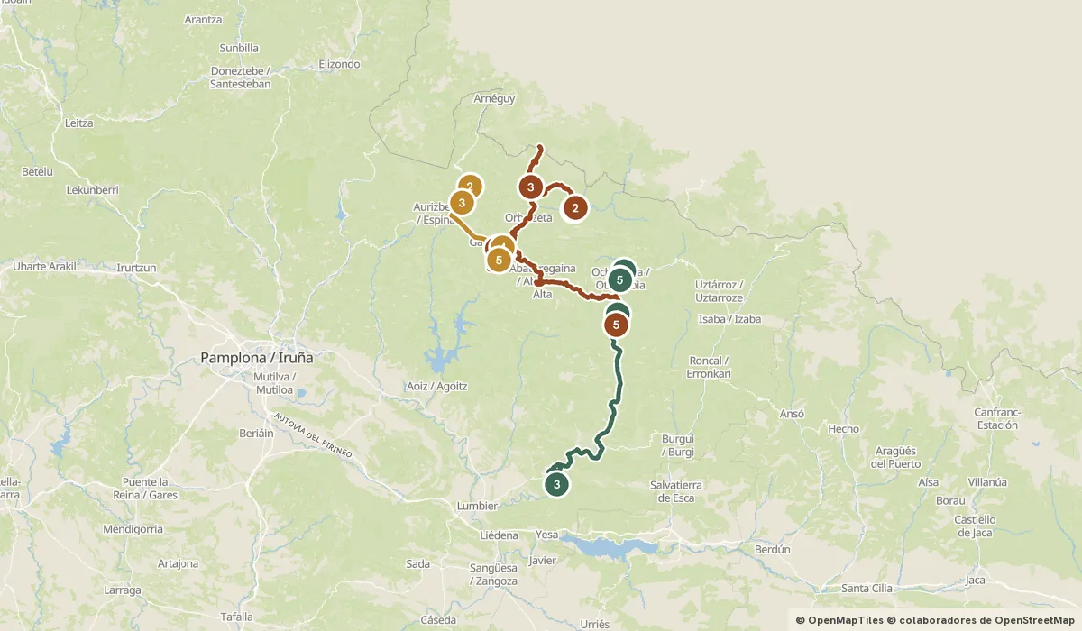 Mapa del viaje Selva de Irati y el valle del Salazar: 15 paradas y el recorrido de cada día