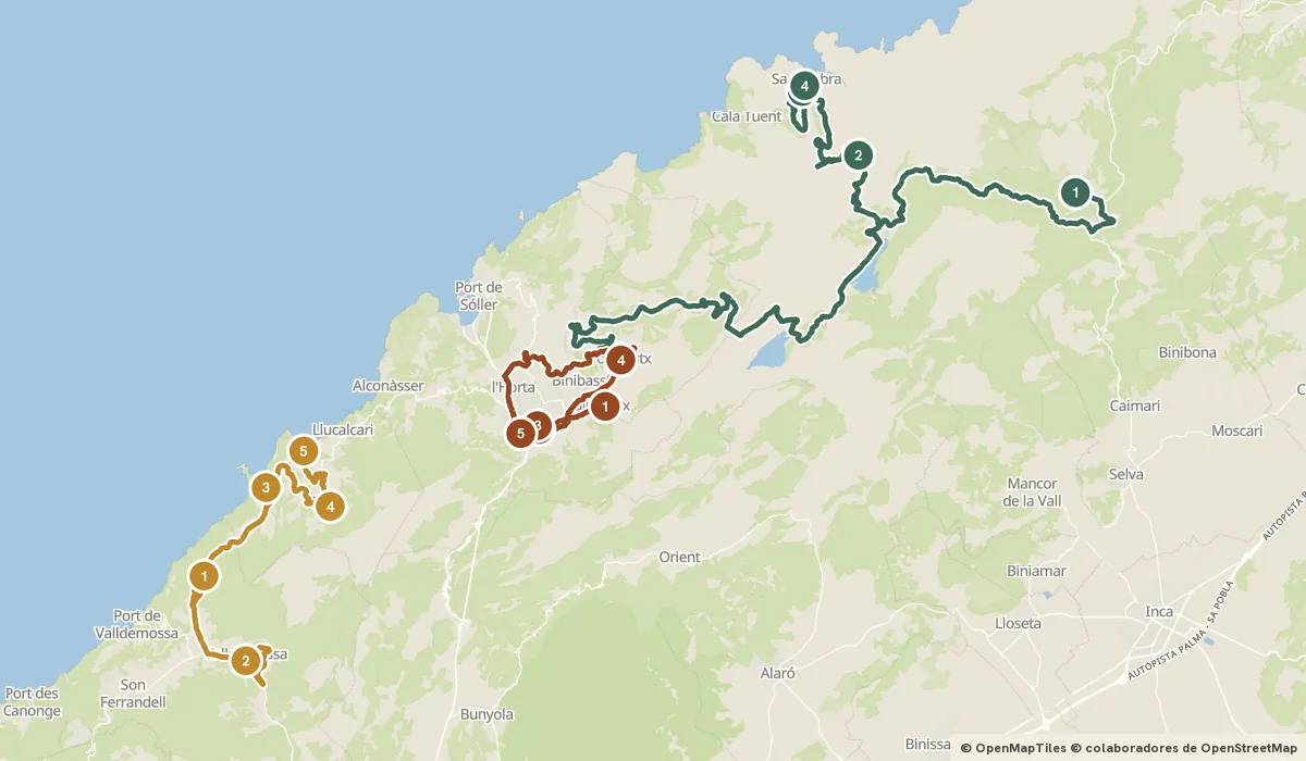 Mapa del viaje Serra de Tramuntana: Lluc, Sa Calobra y el tren de Sóller: 15 paradas y el recorrido de cada día