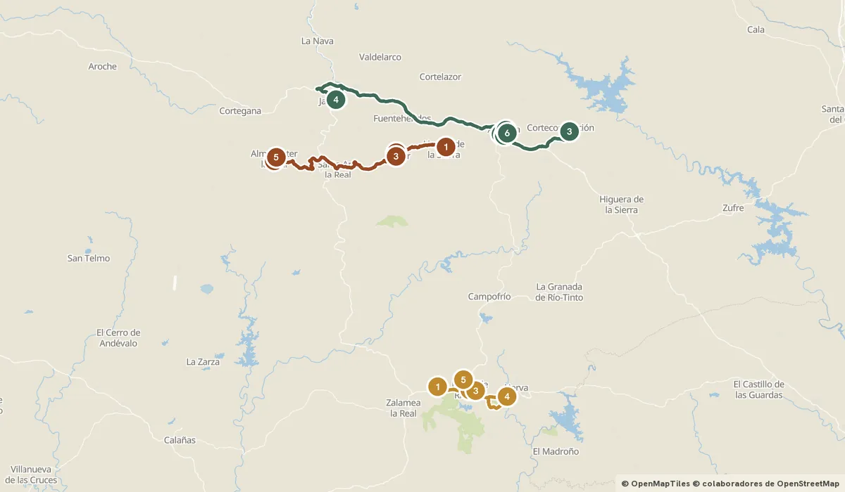 Mapa del viaje Sierra de Aracena: jamón, castaños y minas de Marte: 16 paradas y el recorrido de cada día