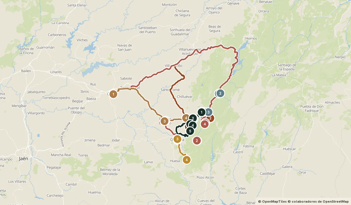 Mapa del viaje Sierra de Cazorla: siete días en el corazón verde de Jaén: 31 paradas y el recorrido de cada día