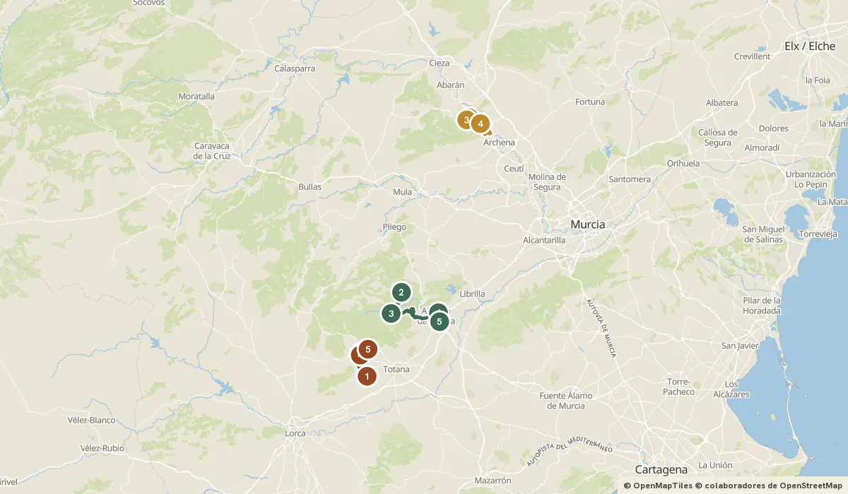 Mapa del viaje Sierra Espuña y el Valle de Ricote: 14 paradas y el recorrido de cada día