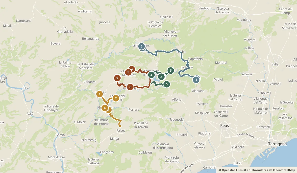 Mapa del viaje Siurana y el Priorat: roca roja y viñedos heroicos: 19 paradas y el recorrido de cada día