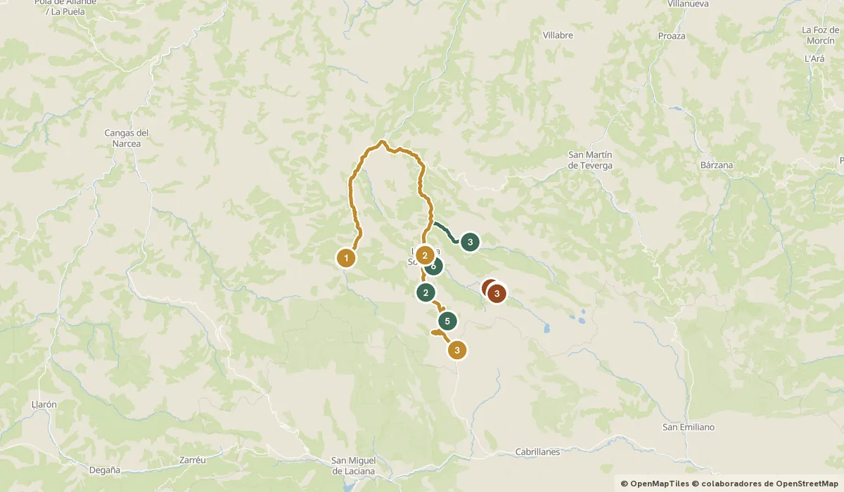 Mapa del viaje Somiedo: brañas de teito y osos pardos: 12 paradas y el recorrido de cada día