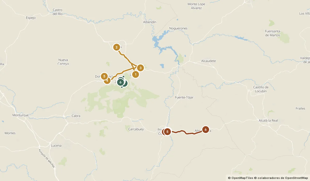 Mapa del viaje Subbética cordobesa: olivos, cuevas y barroco: 17 paradas y el recorrido de cada día