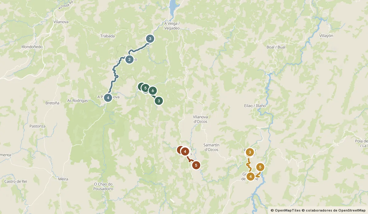 Mapa del viaje Taramundi y Os Oscos: la cuna del turismo rural: 20 paradas y el recorrido de cada día