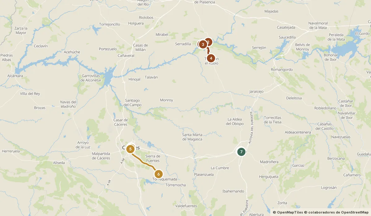 Mapa del viaje Trujillo y la Extremadura de los Conquistadores: 17 paradas y el recorrido de cada día