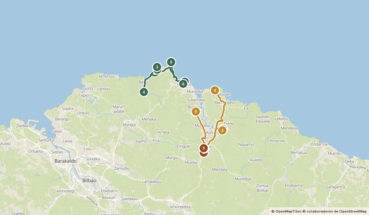 Mapa del viaje Urdaibai: Gaztelugatxe, Gernika y el bosque pintado: 16 paradas y el recorrido de cada día