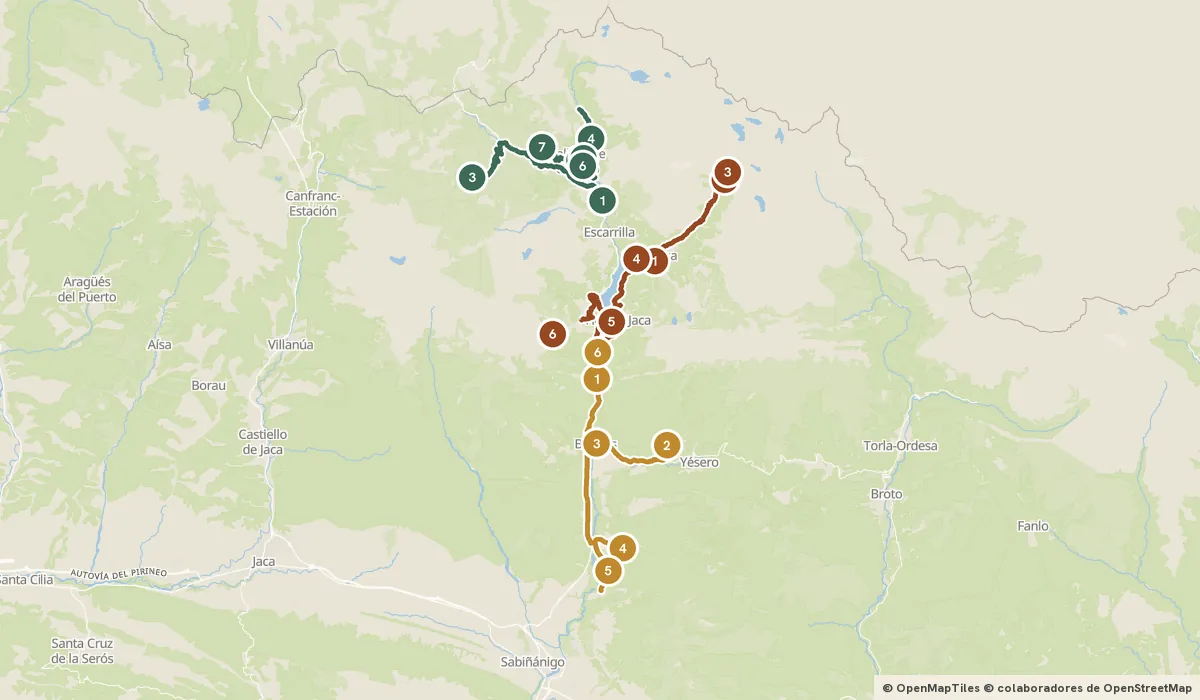 Mapa del viaje Valle de Tena: pasarelas, ibones y el Serrablo: 19 paradas y el recorrido de cada día