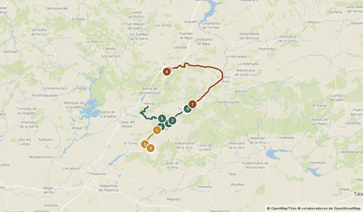 Mapa del viaje Valle del Jerte y Béjar: cerezos, puertos y una muralla: 14 paradas y el recorrido de cada día