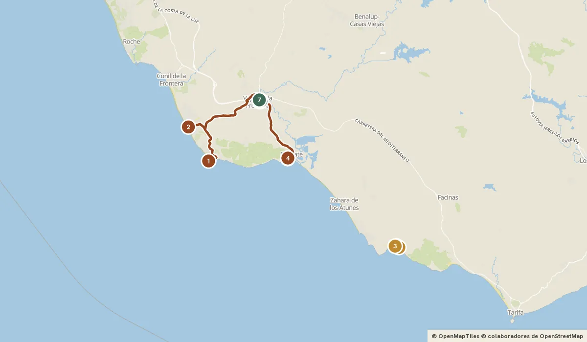 Mapa del viaje Vejer de la Frontera y la Costa de la Luz: 14 paradas y el recorrido de cada día
